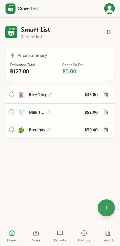 GrocerList on a phone, showing rice, milk and bananas with an estimated total of 127 baht